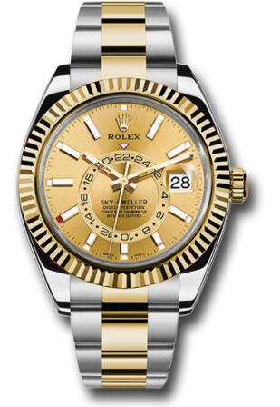 Replica Rolex Yellow Rolesor Sky-Dweller Watch 326933 Champagne Index Dial - Oyster Bracelet
